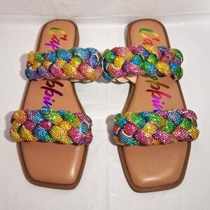 Sz 6 Cape Robbin Women's Slip-On Sandals Rhinestone Braided Upper (Mana,Rainbow)